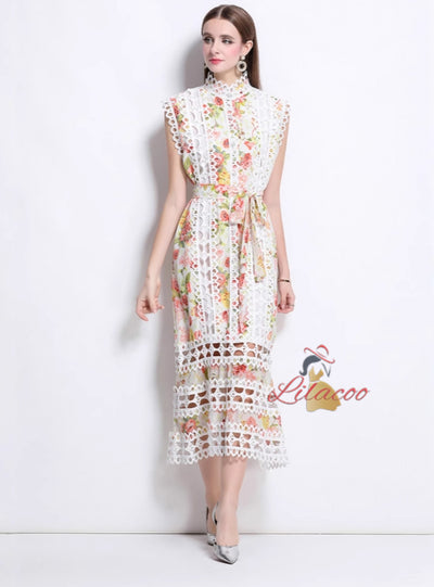 Openwork Lace Stitching Printed Dress