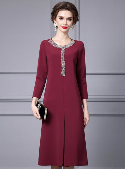 Burgundy Long Sleeve Beading Mother Of The Bride Dress