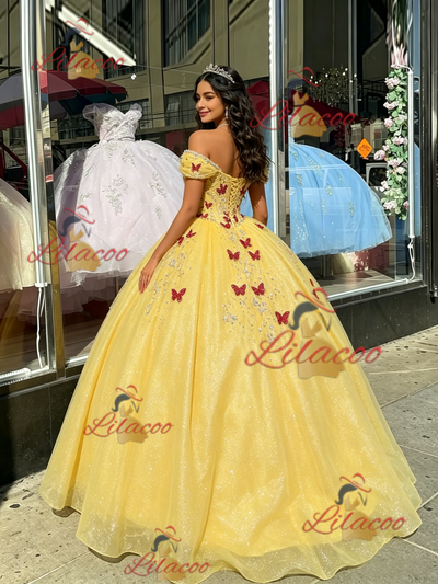 Yellow Sequins Off the Shoulder Appliques Quinceanera Dress