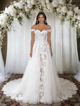 White Tulle Lace Off the Shoulder Wedding Dress