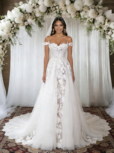 White Tulle Lace Off the Shoulder Wedding Dress