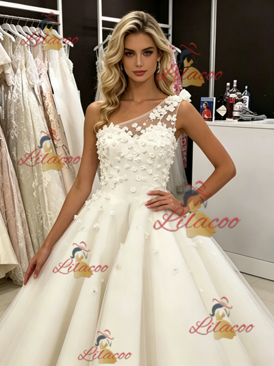 White Tulle One Shoulder Appliques Wedding Dress