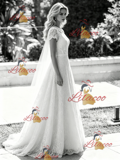 White Lace Short Sleeve Wedding Dress