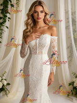 Beige White Mermaid Lace Long Sleeve Wedding Dress