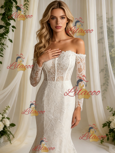 Beige White Mermaid Lace Long Sleeve Wedding Dress