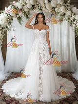 White Tulle Lace Off the Shoulder Wedding Dress
