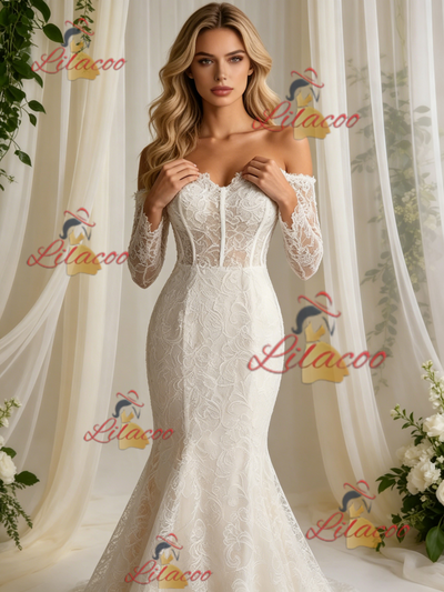 Beige White Mermaid Lace Long Sleeve Wedding Dress