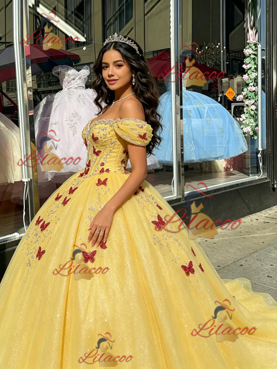 Yellow Sequins Off the Shoulder Appliques Quinceanera Dress