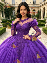 Purple Tulle Long Sleeve Appliques Quinceanera Dress