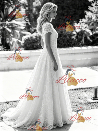 White Lace Short Sleeve Wedding Dress