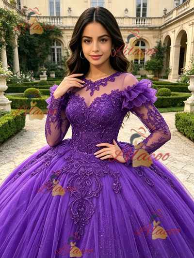 Purple Tulle Long Sleeve Appliques Quinceanera Dress