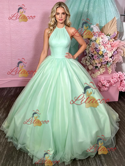 Green Tulle Halter Backless Prom Dress
