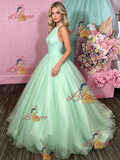 Green Tulle Halter Backless Prom Dress
