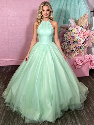 Green Tulle Halter Backless Prom Dress