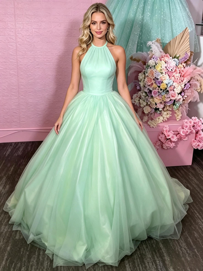 Green Tulle Halter Backless Prom Dress