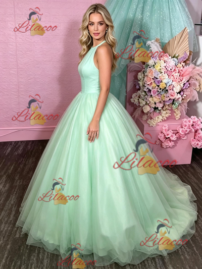 Green Tulle Halter Backless Prom Dress