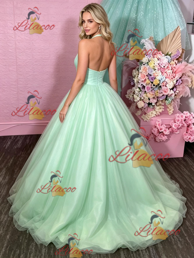 Green Tulle Halter Backless Prom Dress