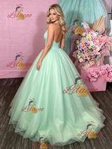 Green Tulle Halter Backless Prom Dress