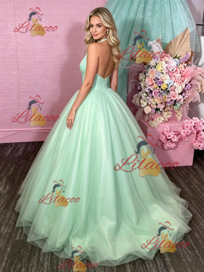 Green Tulle Halter Backless Prom Dress