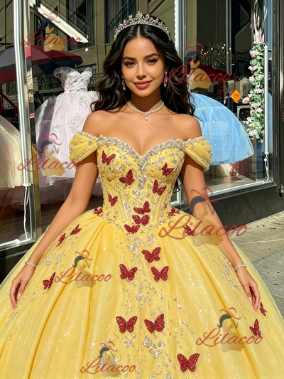 Yellow Sequins Off the Shoulder Appliques Quinceanera Dress
