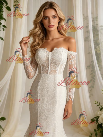 Beige White Mermaid Lace Long Sleeve Wedding Dress