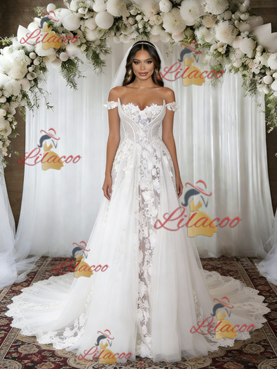 White Tulle Lace Off the Shoulder Wedding Dress