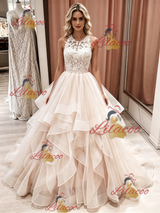 Champagne Tulle Lace Sleeveless Wedding Dress