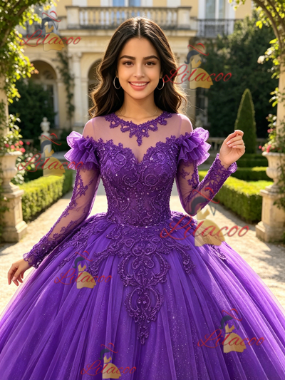 Purple Tulle Long Sleeve Appliques Quinceanera Dress
