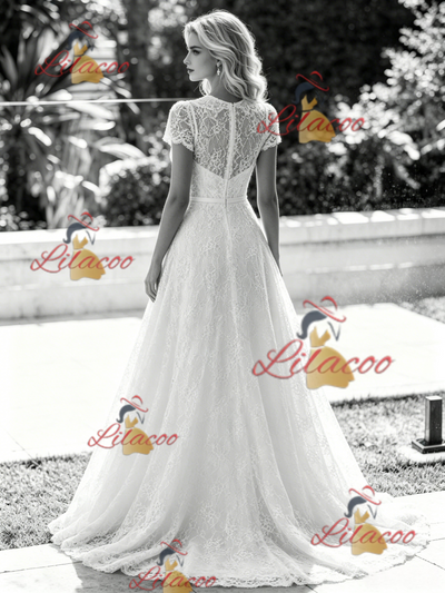 White Lace Short Sleeve Wedding Dress