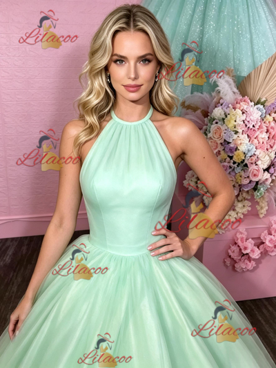 Green Tulle Halter Backless Prom Dress