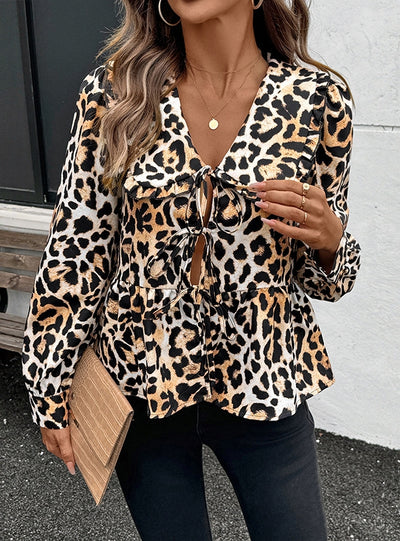Retro Leopard Print Lace-up Shirt Top