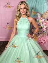 Green Tulle Halter Backless Prom Dress