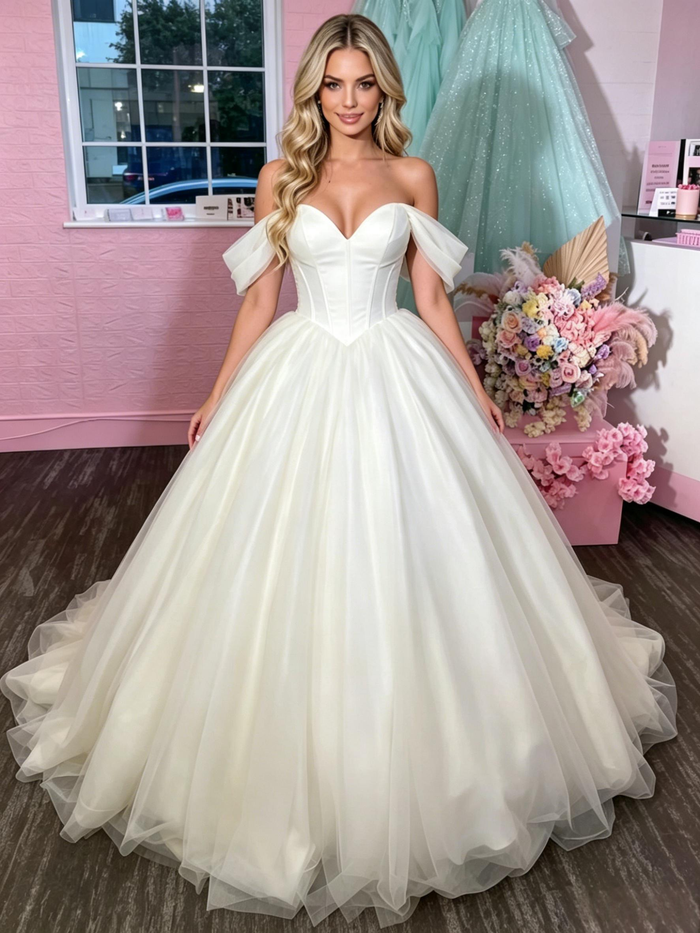 White Tulle Off the Shoulder Prom Dress