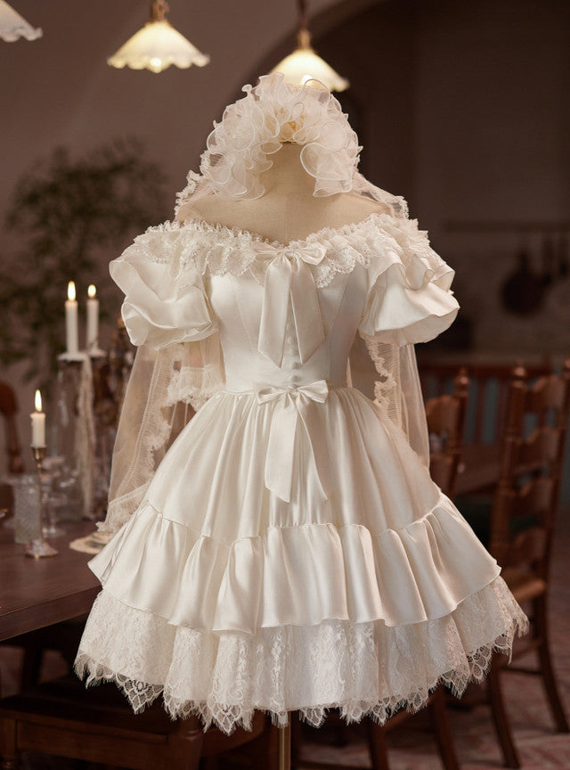 White Satin Lace Short Sleeve Homecoming Dress