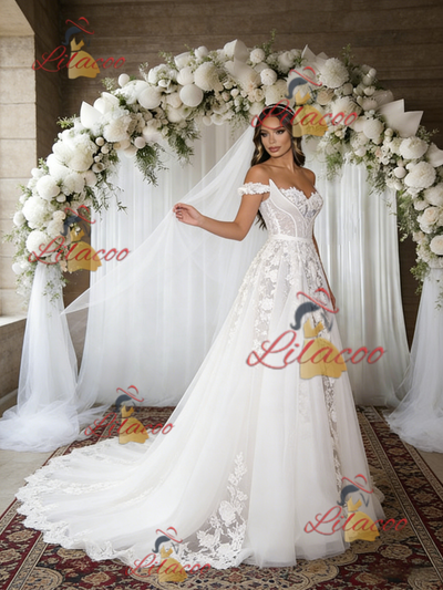 White Tulle Lace Off the Shoulder Wedding Dress