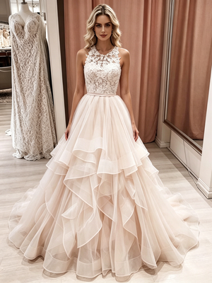 Champagne Tulle Lace Sleeveless Wedding Dress