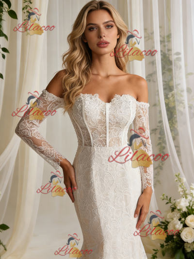 Beige White Mermaid Lace Long Sleeve Wedding Dress