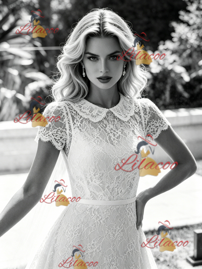 White Lace Short Sleeve Wedding Dress