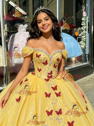 Yellow Sequins Off the Shoulder Appliques Quinceanera Dress