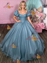 Blue Tulle Puff Sleeve Prom Dress