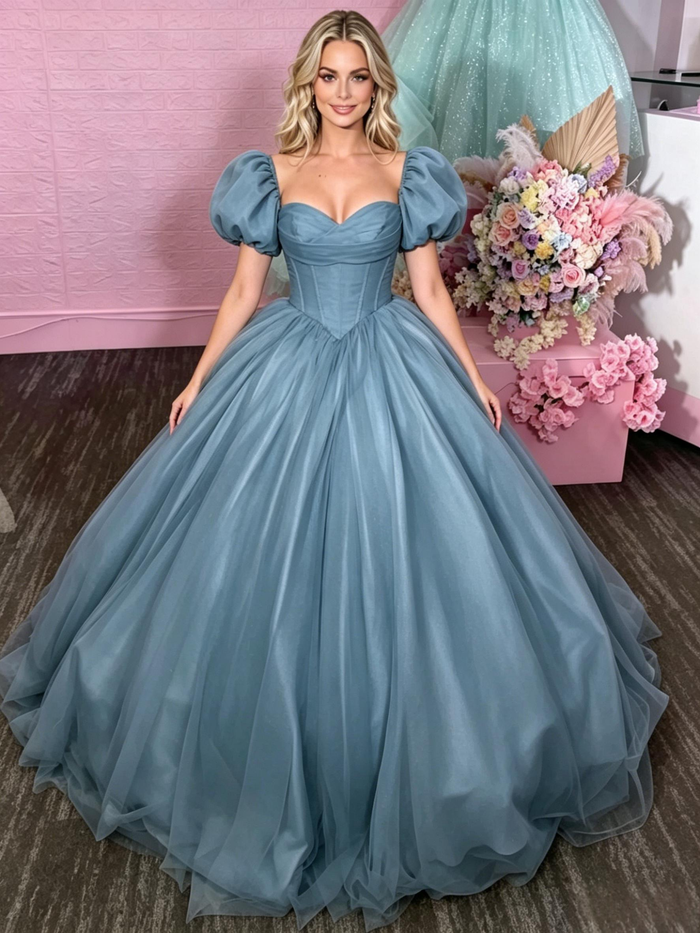 Blue Tulle Puff Sleeve Prom Dress