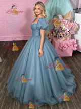 Blue Tulle Puff Sleeve Prom Dress