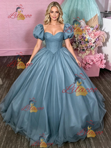 Blue Tulle Puff Sleeve Prom Dress