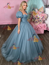 Blue Tulle Puff Sleeve Prom Dress