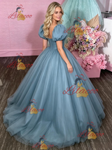 Blue Tulle Puff Sleeve Prom Dress