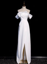 White Satin Pleats Split Wedding Dress