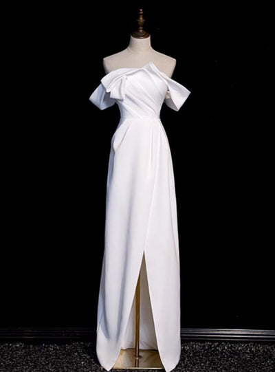 White Satin Pleats Split Wedding Dress