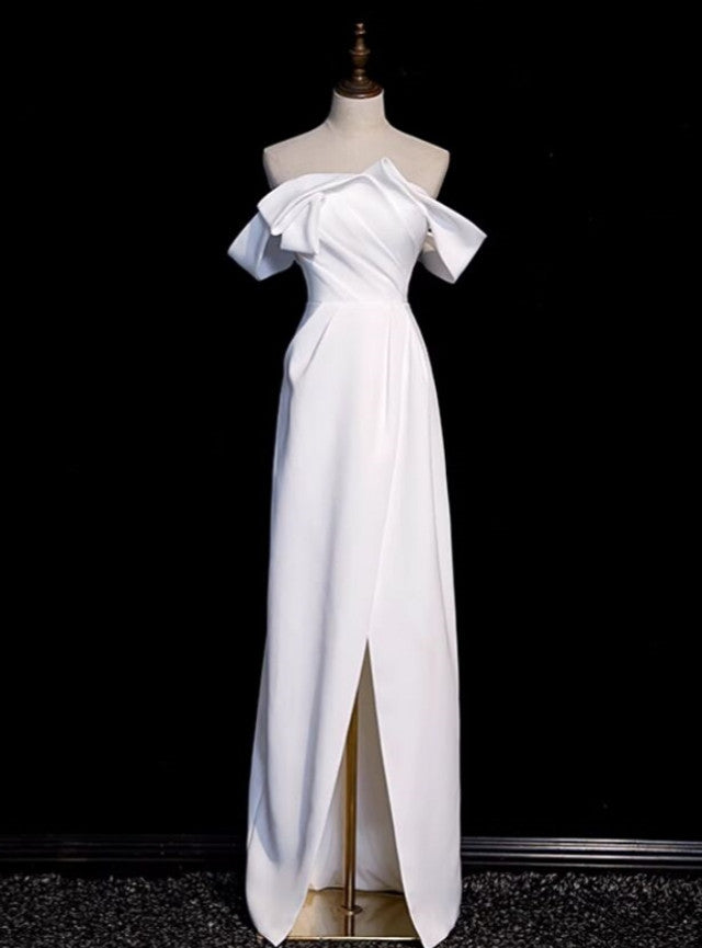 White Satin Pleats Split Wedding Dress