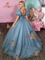 Blue Tulle Puff Sleeve Prom Dress