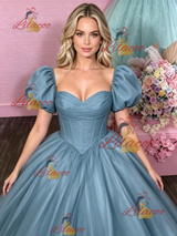 Blue Tulle Puff Sleeve Prom Dress